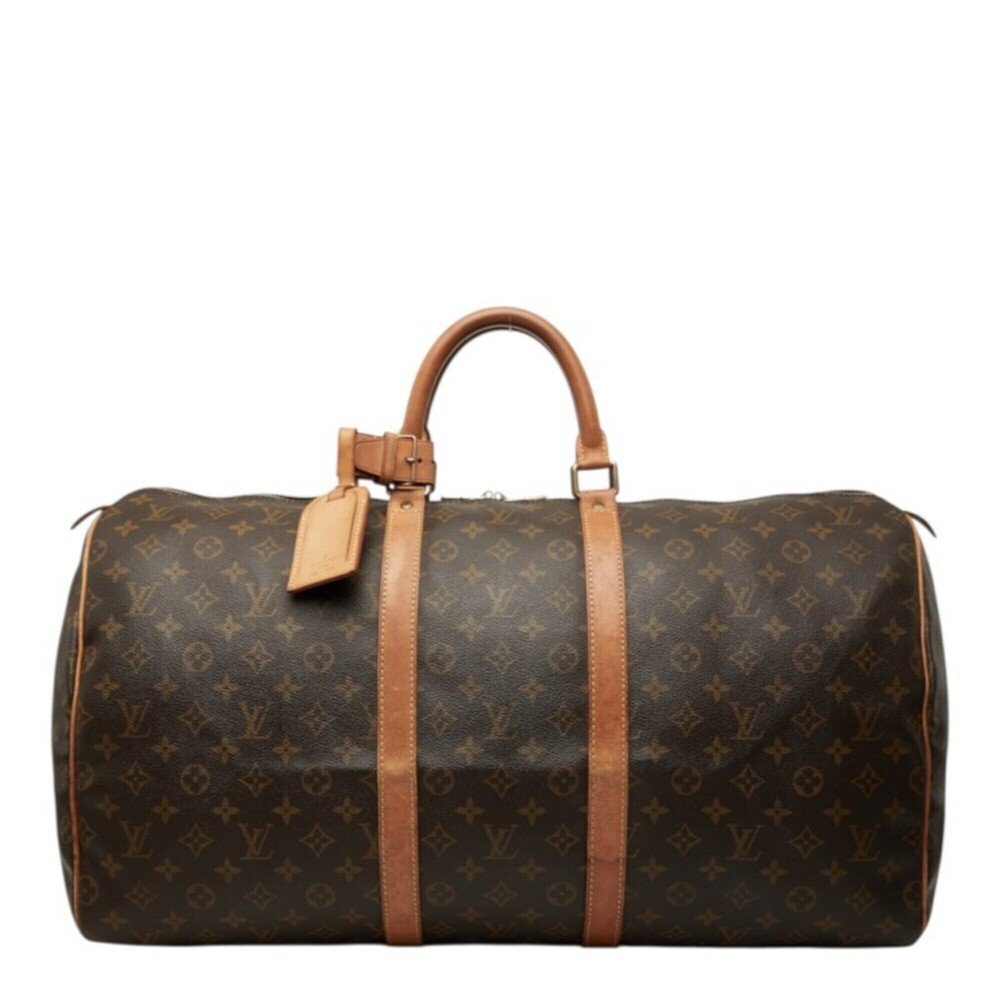 Louis Vuitton Monogram Keepall 55 Boston Bag Travel M41424 Brown Leather Wome...